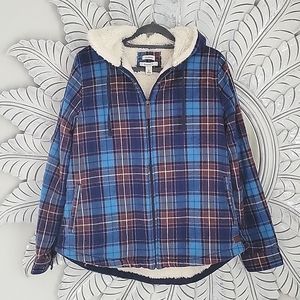 L.L. Bean Relaxed Fit, Sherpa Lined, Hooded Jacket, Medium, Blue & Purple Plaid